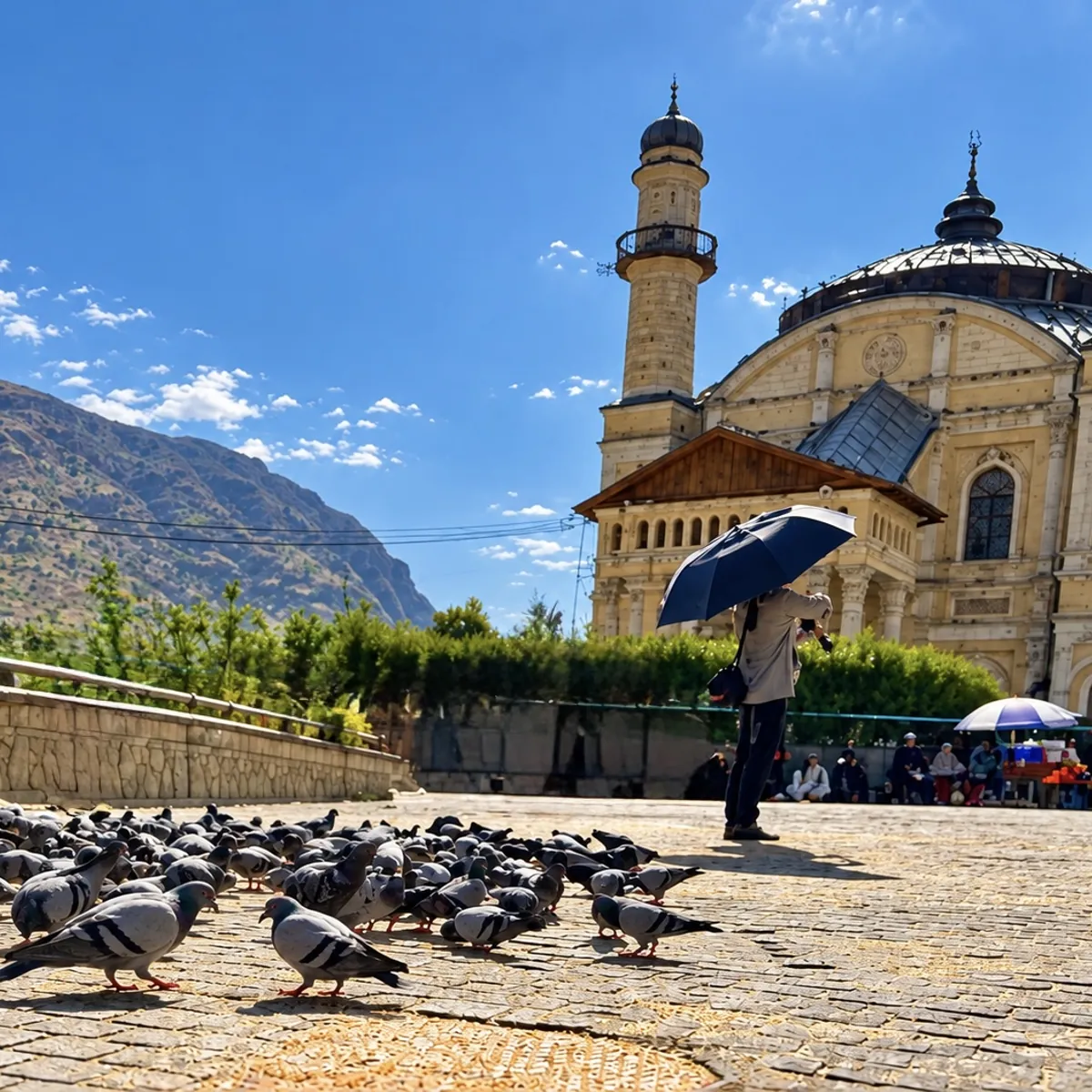 Shah-e Do Shamshira Mosque in Kabul, pigeons on the square in front